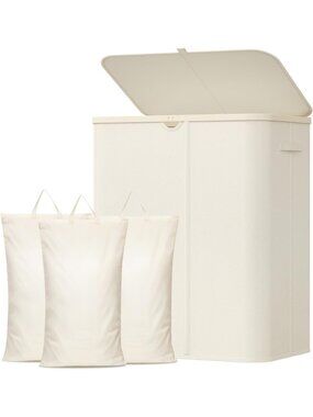 Large 185L 3-Section Laundry Hamper with Lid - Stylish White Laundry Basket